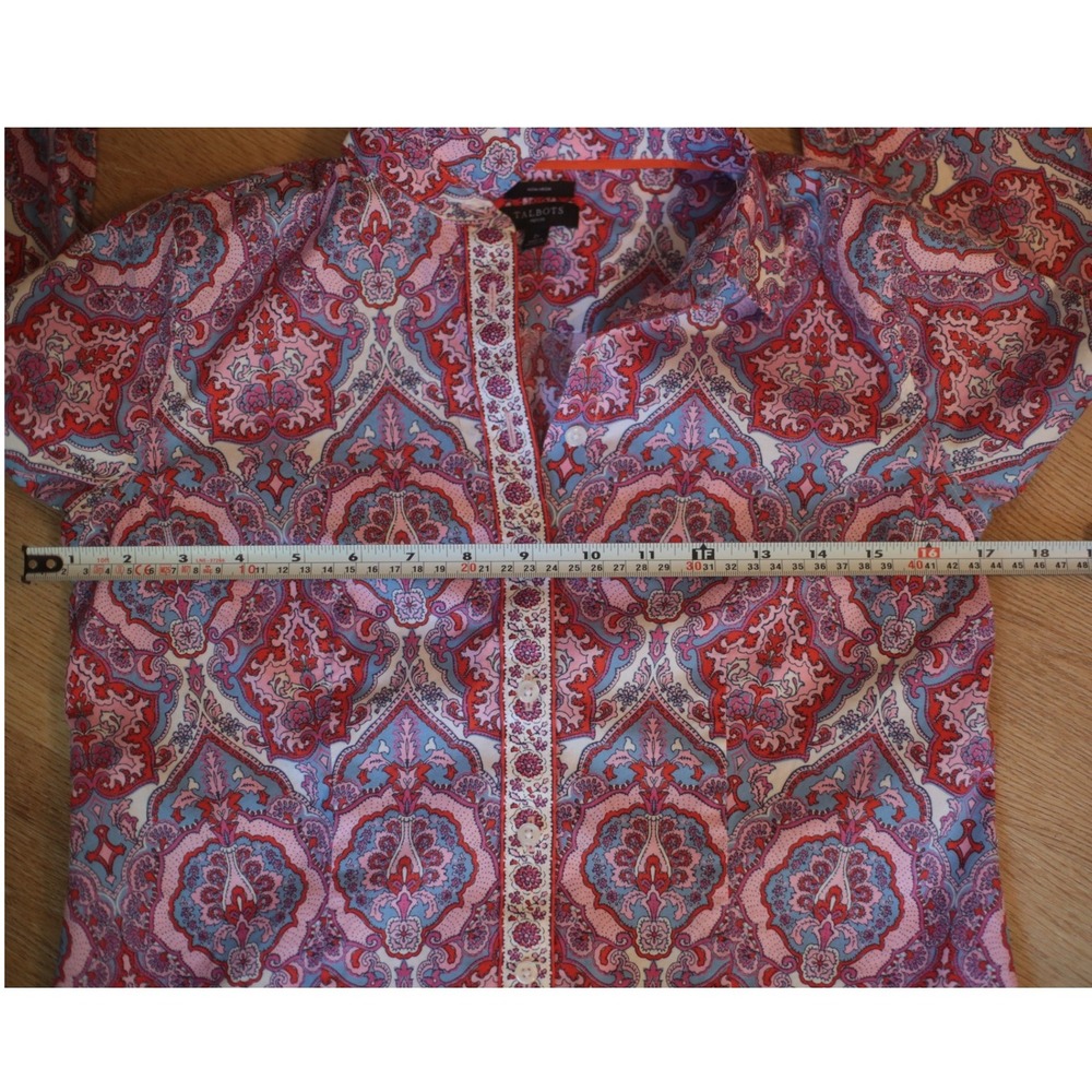 Talbots Petite 2P Paisley Button Down Shirt Pink Blue Long Sleeve Cotton - Picture 7 of 10